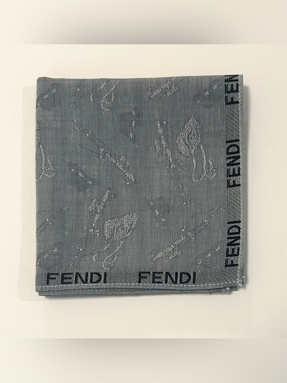 FENDI Men Scarf Handkerchief Gray Blue Cotton Pocket Suit Square 18”